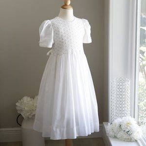 Strasburg Dress White Smocked Ivory Trim Ecru Special Occasion Flower Girl